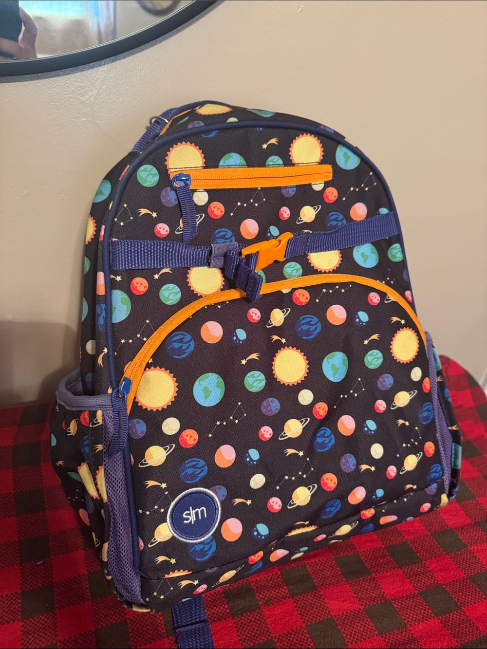 Pottery Barn Kids Navy Space-Print Backpack with Orange Trim